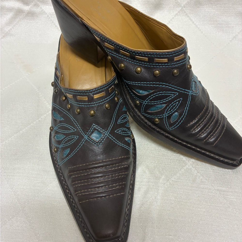 Mercer & Madison Brown Western Mules with Blue Embroidery
